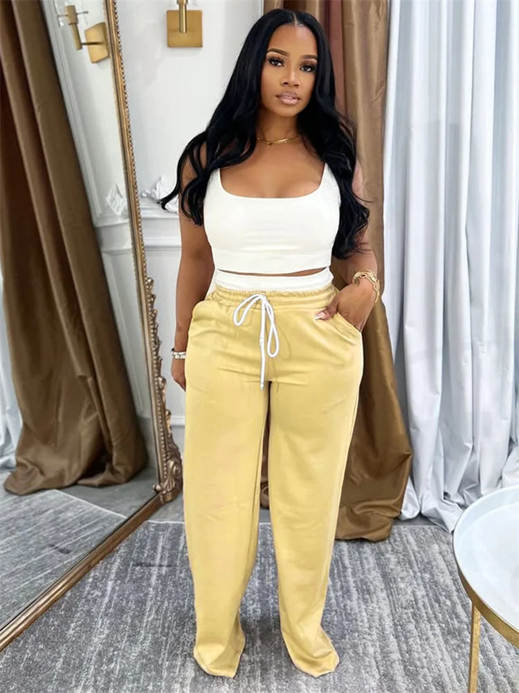 Casual Tracksuit 2 Piece Set Women Simple Solid Tank Tops+Drawstring Patchwork Straight Pants Fashion Sporty Sets