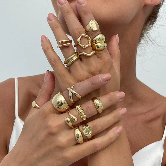 14Pcs/Set Creative Smooth Open Rings for Women 2025 New Fashion Goth Gold Color Adjustable Finger Rings Daily Jewelry