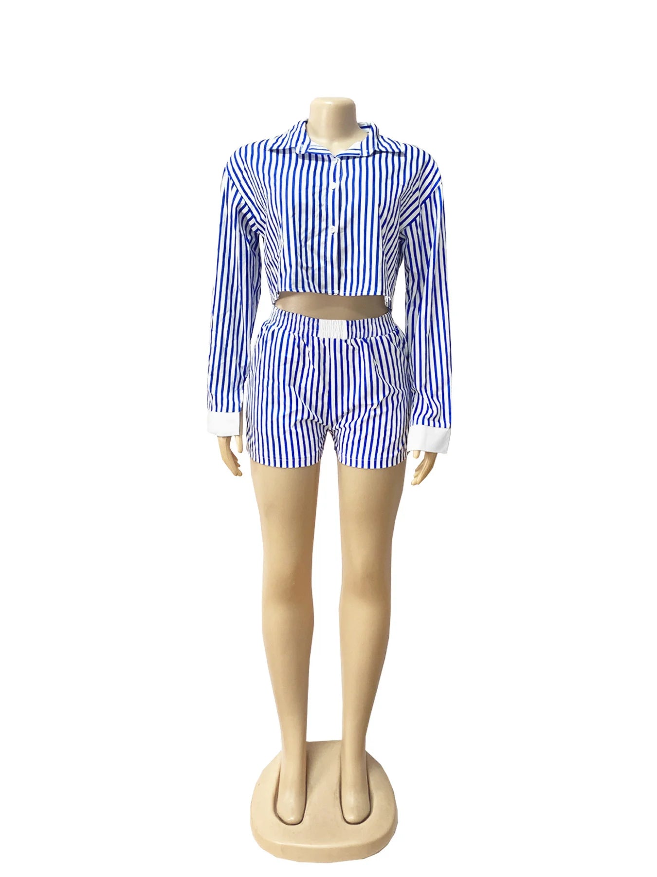 Stripe Single Button 2 Piece Set Women Elegant Patchwork Crop top+Shorts Casual Streetwear Simple Activity Outfits