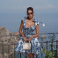 Elegant Blue Floral Summer Dress Holiday Women's Clothing Bow Tie Sleeveless Backless A-line Short Dresses