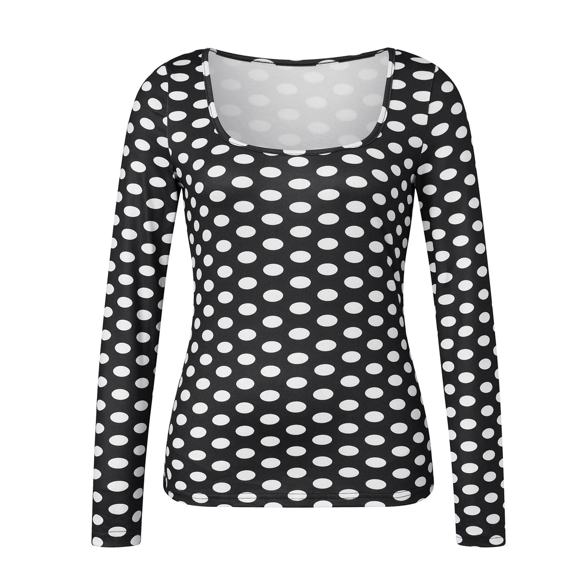 Women Square Neck Polka Dot Print Long Sleeve Top Slim Fit Stretchy Y2K Vintage Casual Basic Tee Blouse Daily Wear