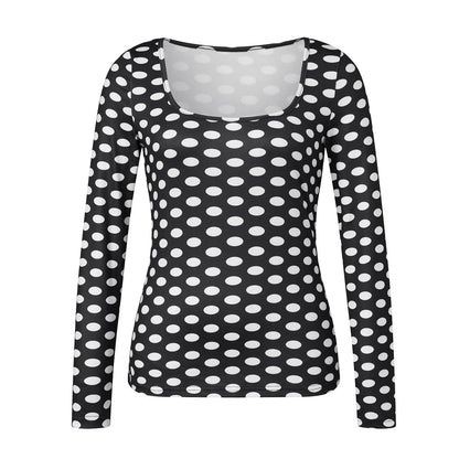 Women Square Neck Polka Dot Print Long Sleeve Top Slim Fit Stretchy Y2K Vintage Casual Basic Tee Blouse Daily Wear