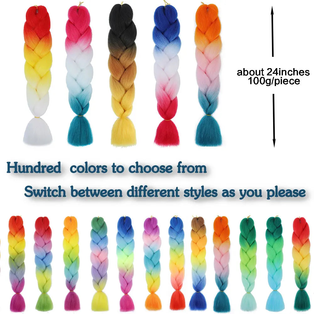 24 Inch Jumbo Box Braids Extensions Synthetic Braiding Hair DIY Hair Braids For Children Pink Purple Yellow Gray