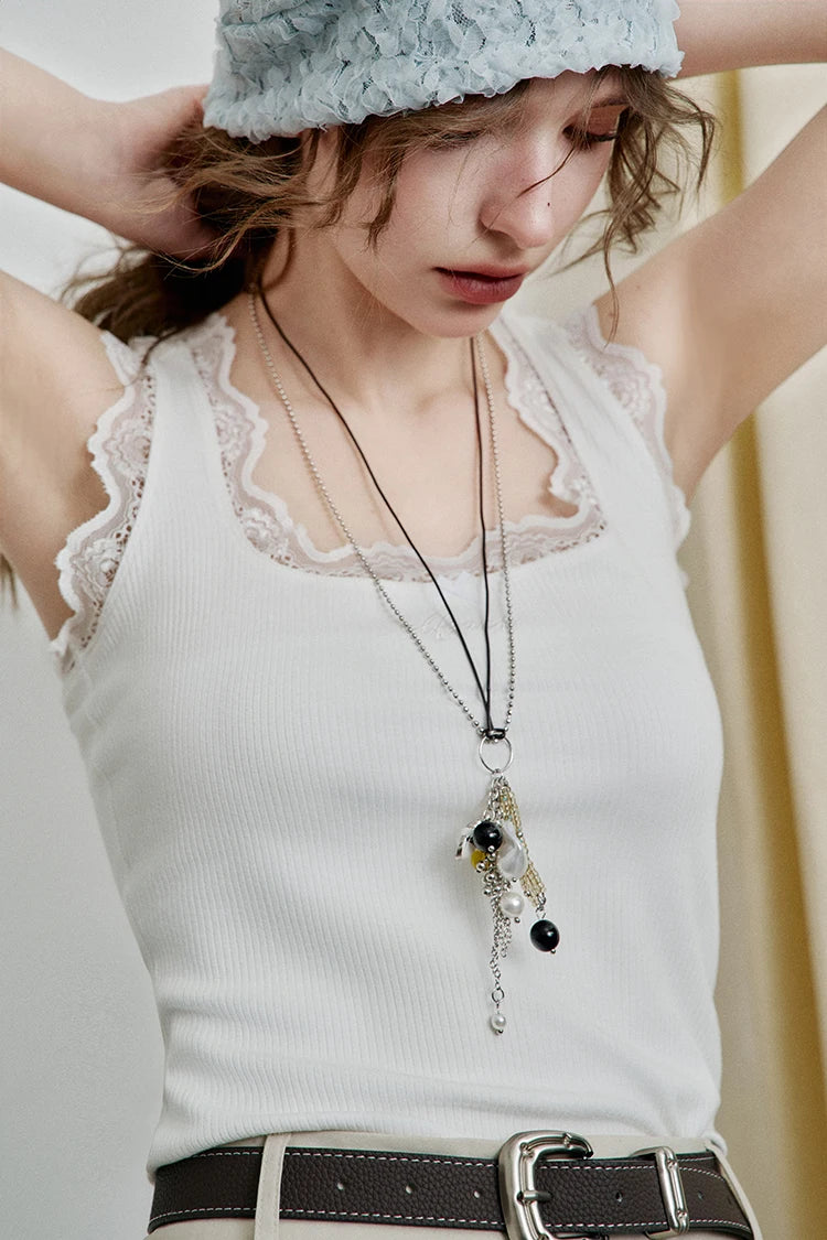 Elegant Lace Trim Ribbed Tank Top for Women, Fitted Sleeveless Cami, Casual White Summer Top for Layering & Daily Outfit