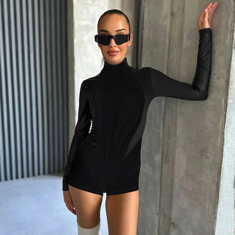 Sexy Jumpsuit for Womens 2023 Winter Fashion All Black Long Sleeve Short Romper Club Wear One Piece Outfit