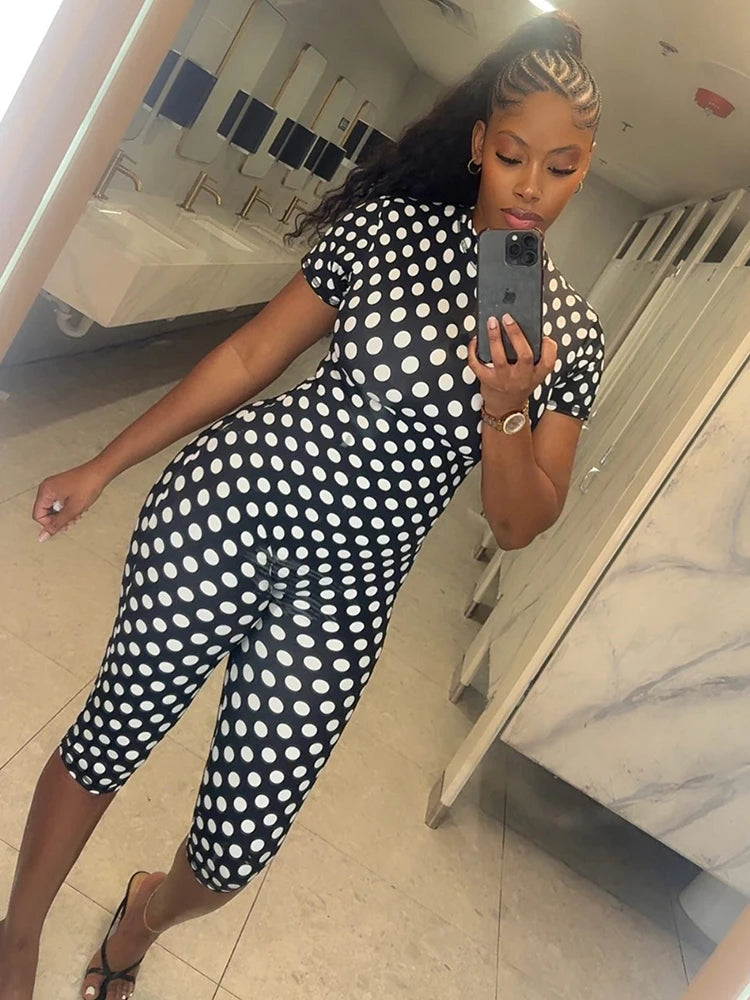 Backless Print Romper Women Sexy Fashion Turtleneck Short Sleeve Stretch Skinny Hottie Trend Midnight Street Clubwear