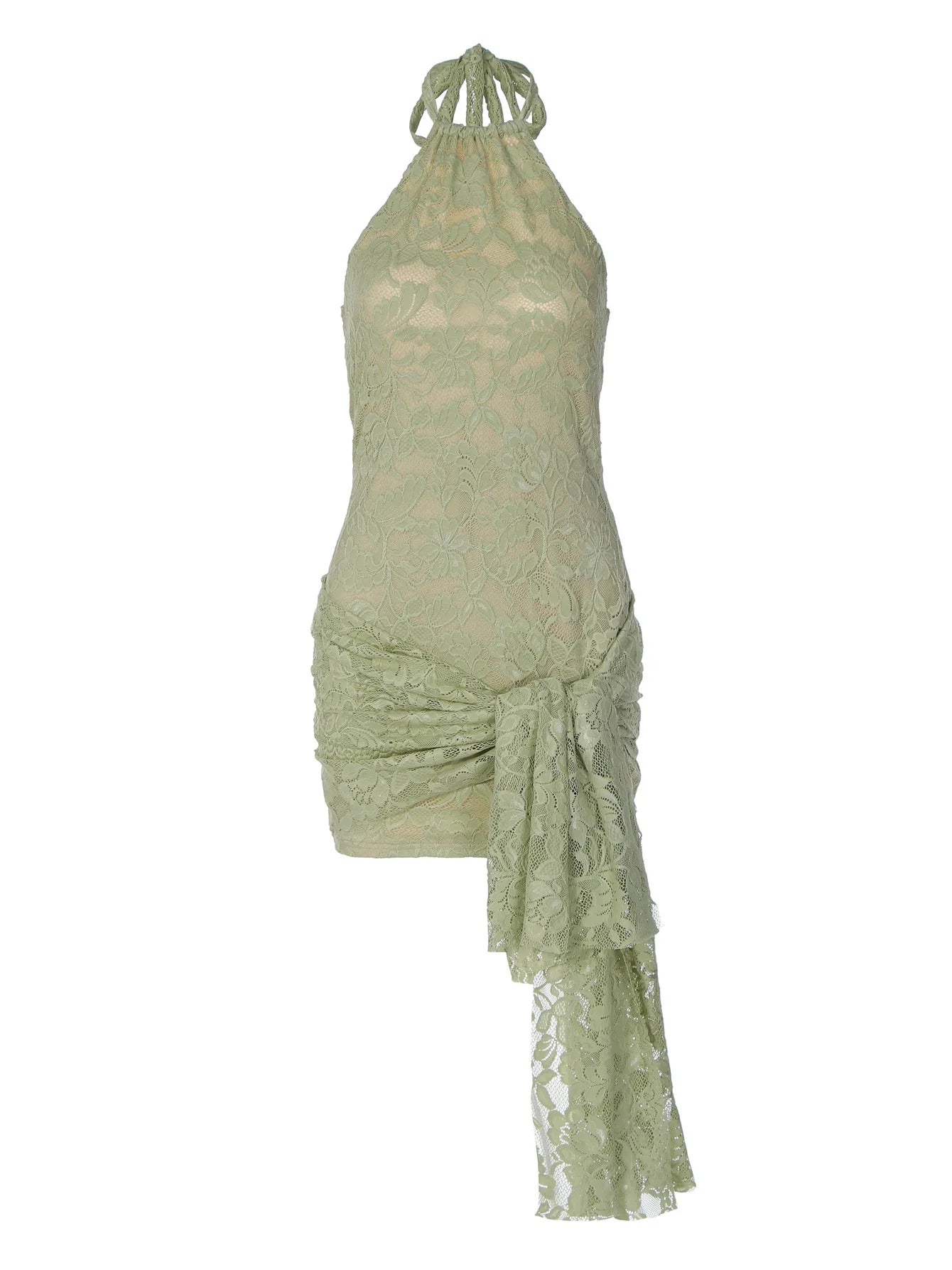 Green Lace Bodycon Dress for Summer Night Club Outfits Sexy Tie Front Halter Backless Mini Dresses for Woman