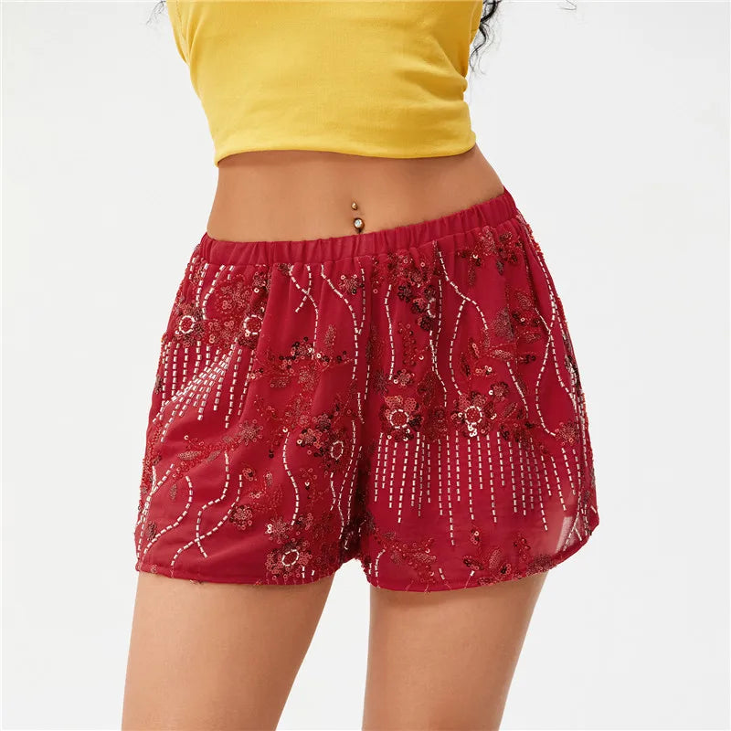 Women Sequin Mini Shorts Y2K Low Rise Sparkle Floral Bead Embellished Bottoms Teen Girls Cute Summer Trendy Shorts