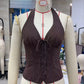 Retro Pinstripe Halter Neck Crop Top Women Deep V Tie Front Button Down Sleeveless Slim Fit Y2K Tank Vest Streetwear