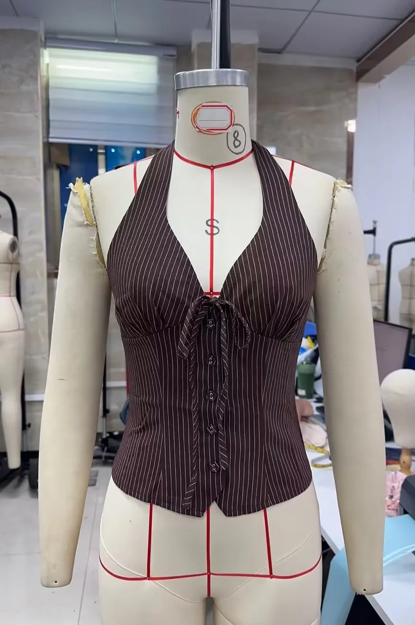 Retro Pinstripe Halter Neck Crop Top Women Deep V Tie Front Button Down Sleeveless Slim Fit Y2K Tank Vest Streetwear