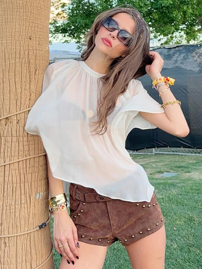 See Through White Mesh Cape Tops for Woman Clothes Summer 2026 Elegant Women's Blouses and Shirts