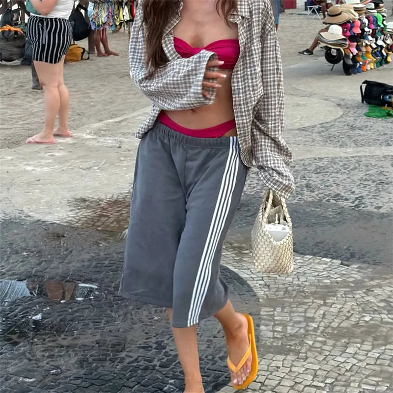Elastic Drawstring Waist Side Stripes Cropped Seven Pants Women Loose Wide Leg Sweat Jogger Casual Street Bottoms