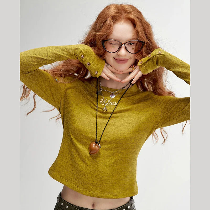 Women's Mock Neck Long Sleeve Tee with Cuff Button Detail, Slim Fit Heather Casual Top for Everyday Wear