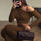 Fashion Brown Two Piece Set Women Inclined Shoulder Long Sleeve T-shirt And Maxi Skirt Matching Sets Elegant Dress Set