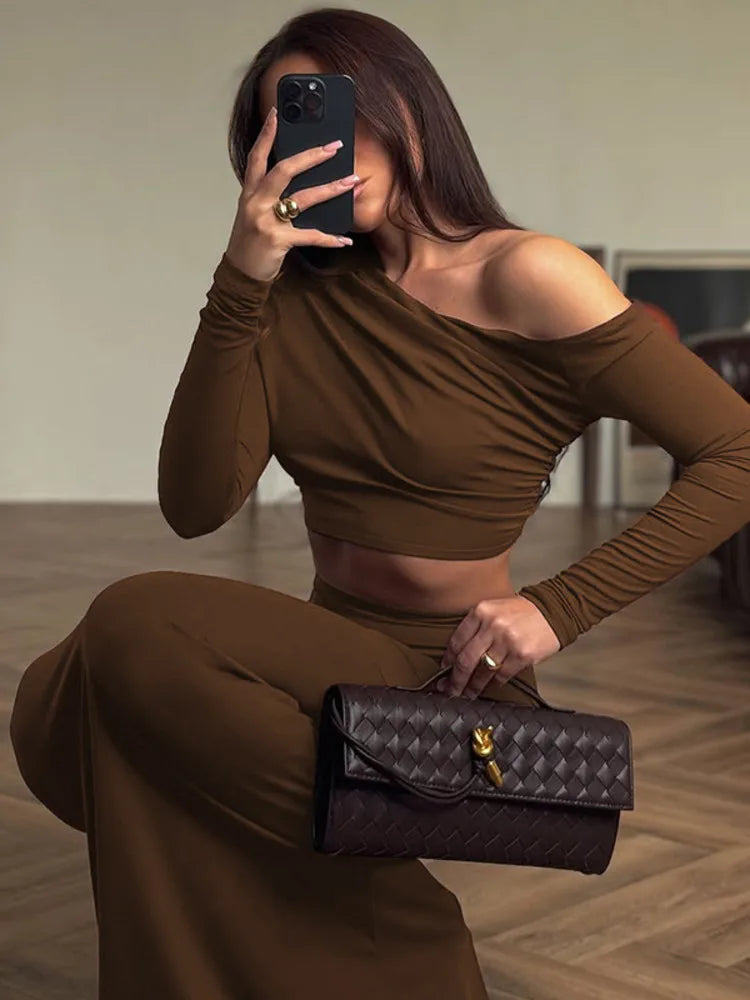 Fashion Brown Two Piece Set Women Inclined Shoulder Long Sleeve T-shirt And Maxi Skirt Matching Sets Elegant Dress Set