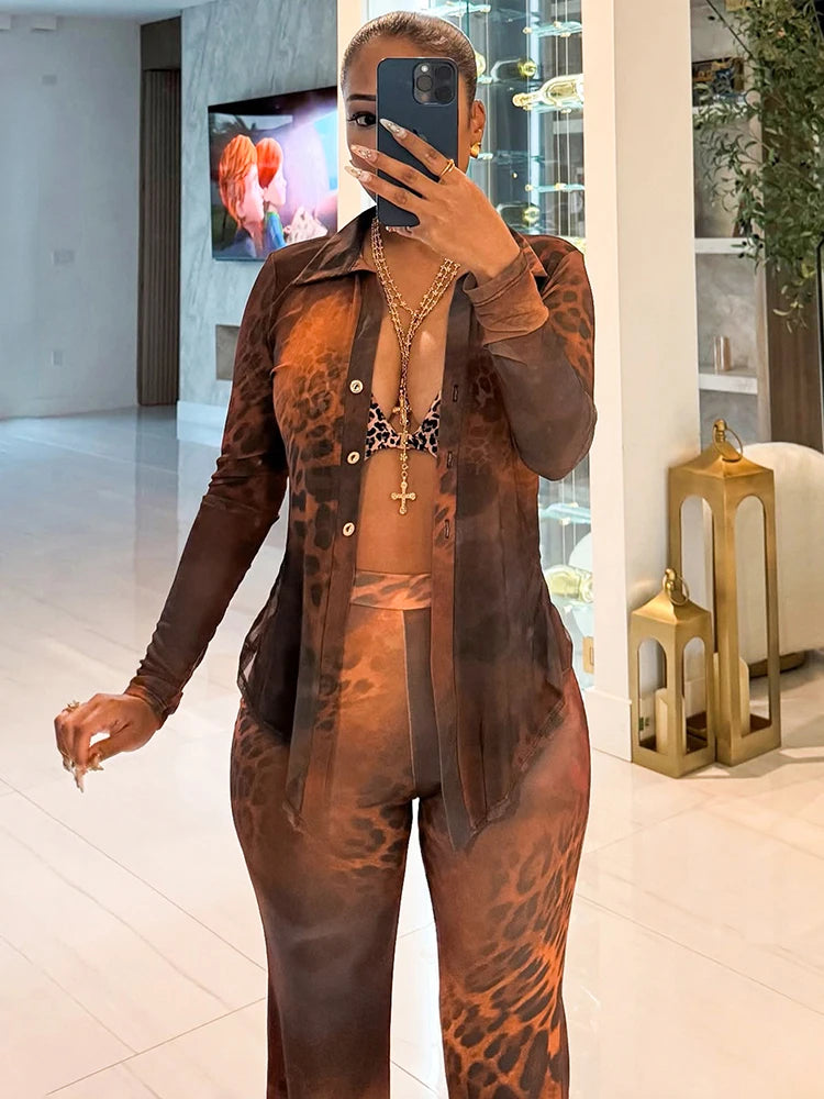 See Through Leopard Print 2 Piece Set Women Sexy Button Tight Blous+Flared Pants Matching Street Club Stretch Outfits
