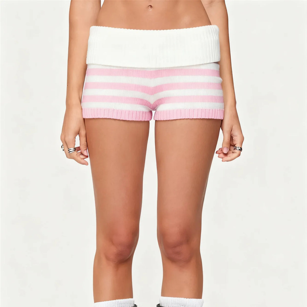 Women Y2k Knit Mini Shorts Striped Foldover Low Waist Elastic Slim Fit Vintage Going Out Micro Bottom Streetwear