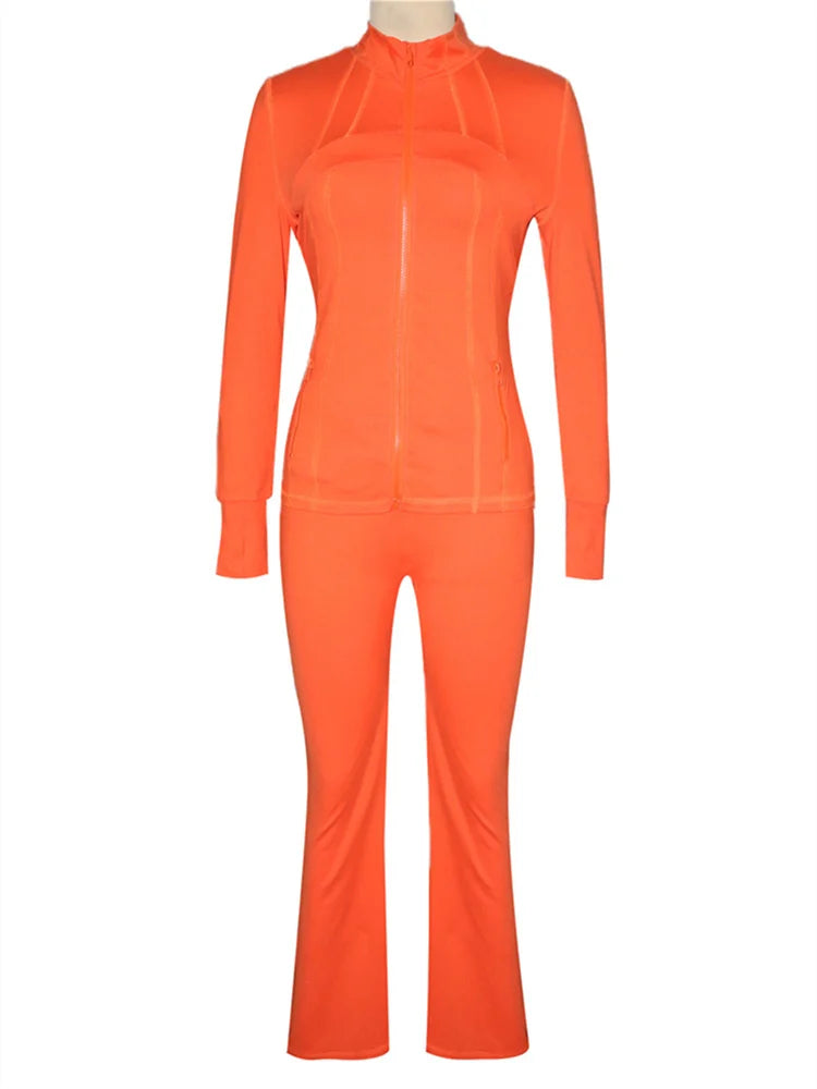 Sporty 2-Piece Set Women Zip o-Neck Hollow Long Sleeve Coat+Stretch Trouser Solid Autumn Trend Simple Daily Street Suits