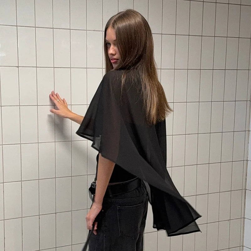 Women 2 In 1 Chiffon Cape Shirts Mock Neck Sheer Flowy Cloak Sleeve Crop Tops Slim Fit Inner Tube Layered Elegant Party
