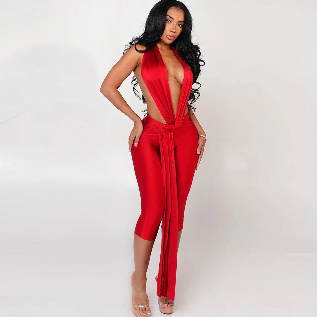 Sexy Women Bodycon Jumpsuit Solid Color Sleeveless Deep V Halter Neck Backless Bodysuit Midnight Activity Slim Playsuits