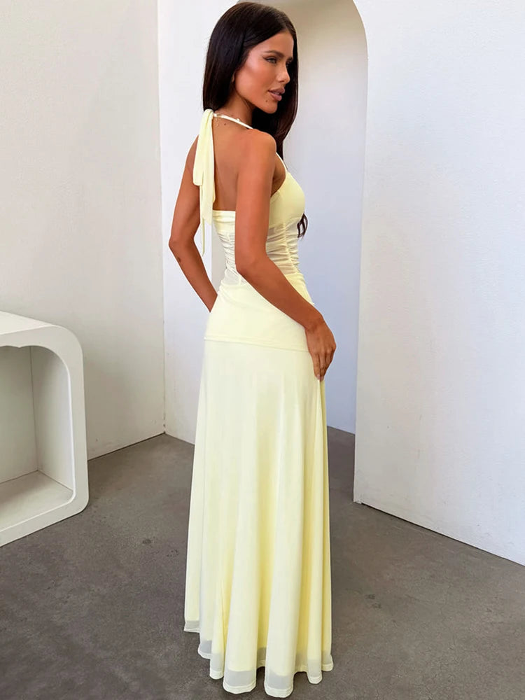Halterneck Mesh Backless Sexy Maxi Dress Women Elegant Off-shoulder Sleeveless Bodycon Ruched Club Party Long Dress