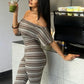 Stripes Print 2 Piece Set Women Trend Slash Neck Half Sleeve Crop T-Shirt+Capri Pants Casuals Chic Street Sport Suits