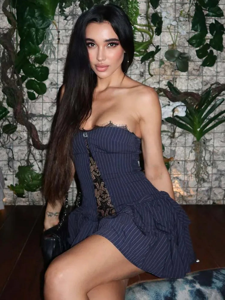 Lace Off-shoulder Ruffle Sexy Mini Dress Women Summer Fashion Striped Hollow Out Strapless High Waist Club Party Dress
