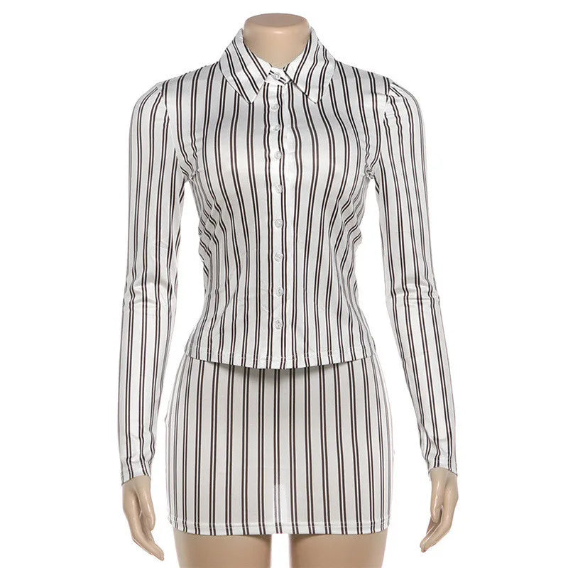 Women Vertical Stripe Two Piece Matching Set Lapel Button Long Sleeve Top And Bodycon Mini Skirt Slim Sexy Clubwear