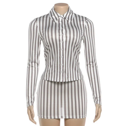 Women Vertical Stripe Two Piece Matching Set Lapel Button Long Sleeve Top And Bodycon Mini Skirt Slim Sexy Clubwear
