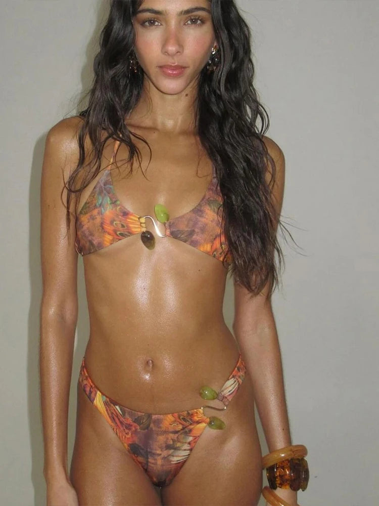 Fashion Print Metal Buckle Patchwork 2 Piece Set Women Lace-Up Halter Bra+Skinny Briefs Vacation Beach Party Outfits