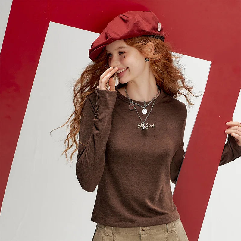 Women's Mock Neck Long Sleeve Tee with Cuff Button Detail, Slim Fit Heather Casual Top for Everyday Wear