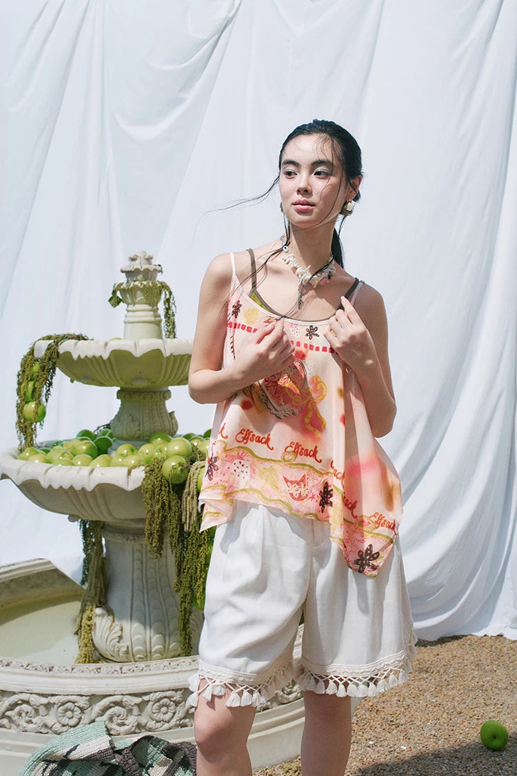 Y2K Graphic Print Chiffon Cami Top with Knit Liner, Tie Strap Sheer Layered Blouse, Irregular Hem Flowy Summer Top