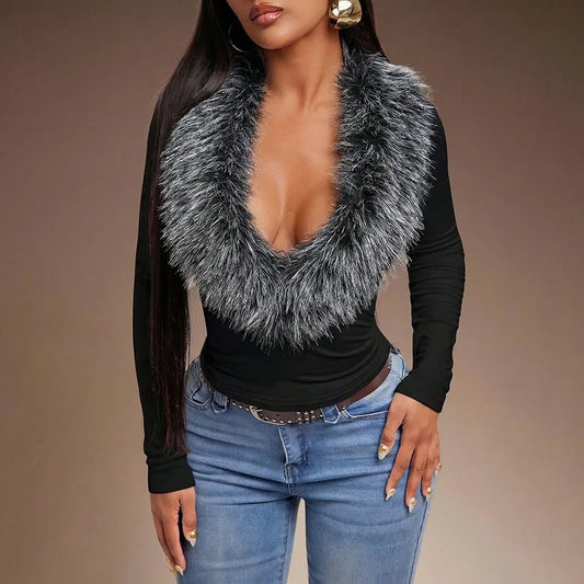 Women Faux Fur Collar Deep V Long Sleeve Crop Top Slim Fitted Short T Shirt Y2K Streetwear Fall  Winter Casual Party Top