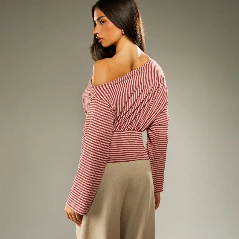 Off Shoulder Striped Fitted Long Sleeve Top with Ruched Waist Fall Woman's Clothes Casual T Shirts