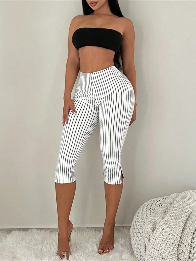 Tiger Stripes Print Elastic Waist Short Women Skinny Side Slit Skinny Simple Classic Fashion Summer Daily Streetwear