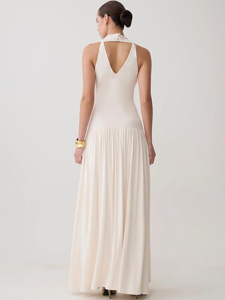 Women Sleeveless High Neck Sexy Maxi Dress Pleated Long Dress Elegant Drop Waist Club Party Evening Long Dresses