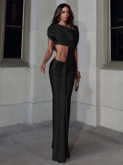 Irregular Hollow Dress Women Diagonal Collar Ruched Shorts Sleeve Trend Waistless Slits  Elegant Skinny Maxi Bodycon