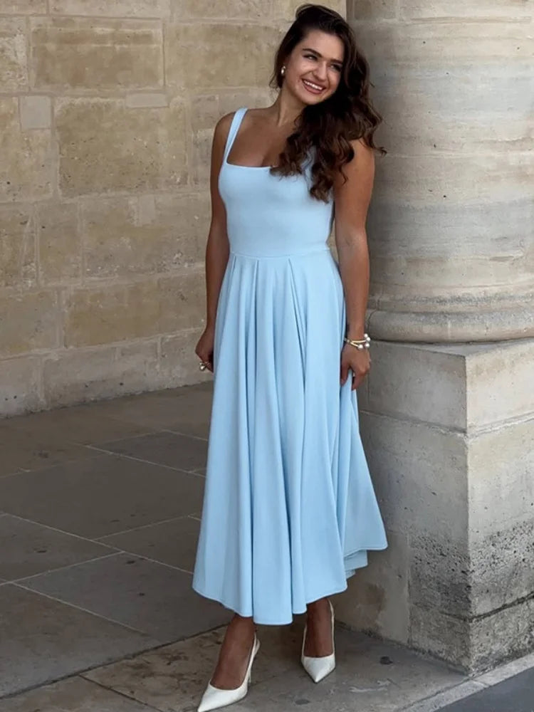 Elegant Square Collar Sleeveless A-line Long Dresses for Woman Summer Solid Color Dressy Dresses