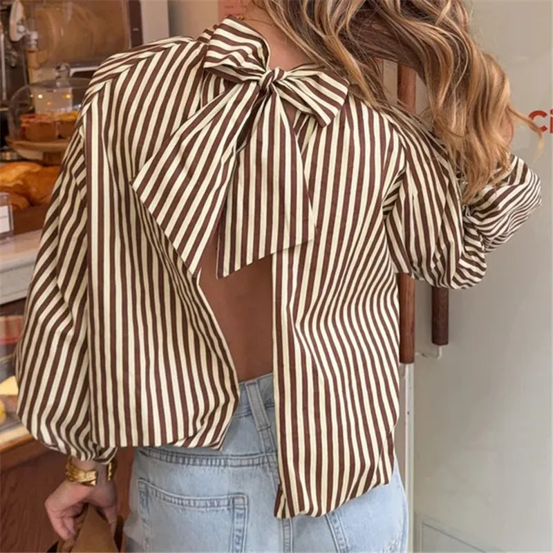 Womens Striped High Neck Blouse Puff Sleeve Open Back Bow Tie Shirt Loose Fit Vintage French Holiday Casual Tops