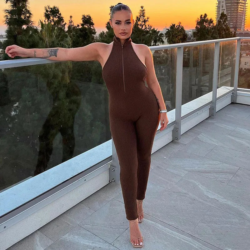 Sexy Halter Backless Zipper Ribbed Jumpsuit Athletic Clothes for Women One Piece Baddie Outfits Sportswear