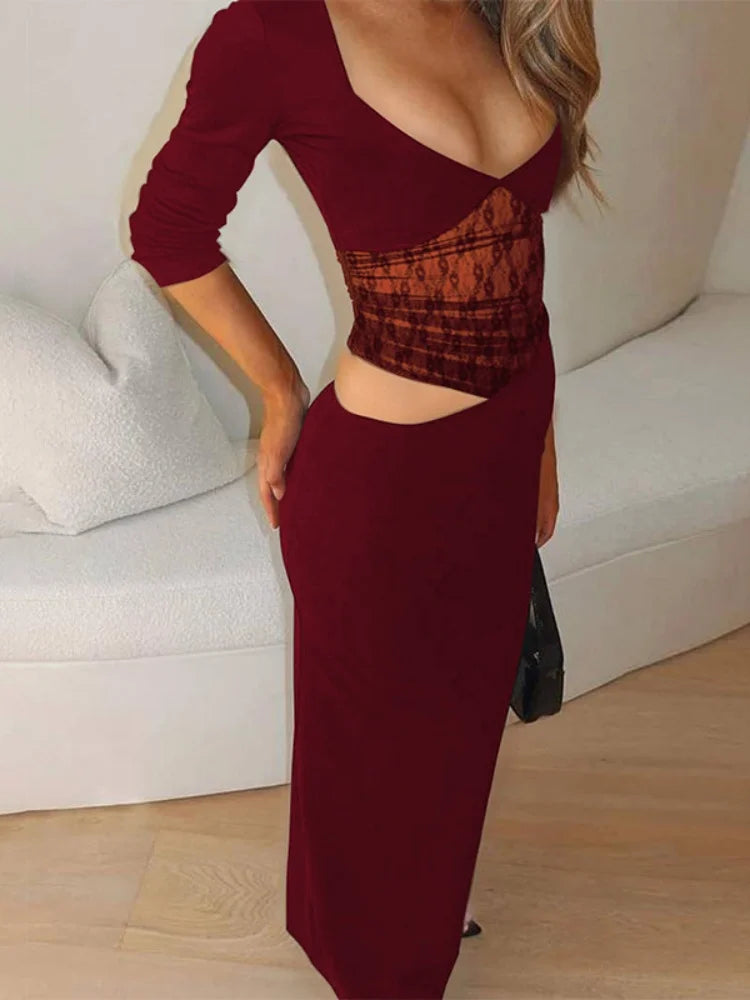 Sexy Lace Splicing Cutout Long Sleeve Maxi Dress for Dinner Party Dresses Black Fall Clothes Woman 2025