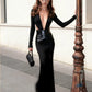 Hot Girls Leather Patchwork Long Dresses Woman Sexy Deep V-Neck Backless Full Sleeve Style High Street Elegant Vestidos