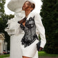 Lace Patchwork White Blazer Dress Winter Woman Elegant Fashion V Neck Long Sleeve Short Dresses