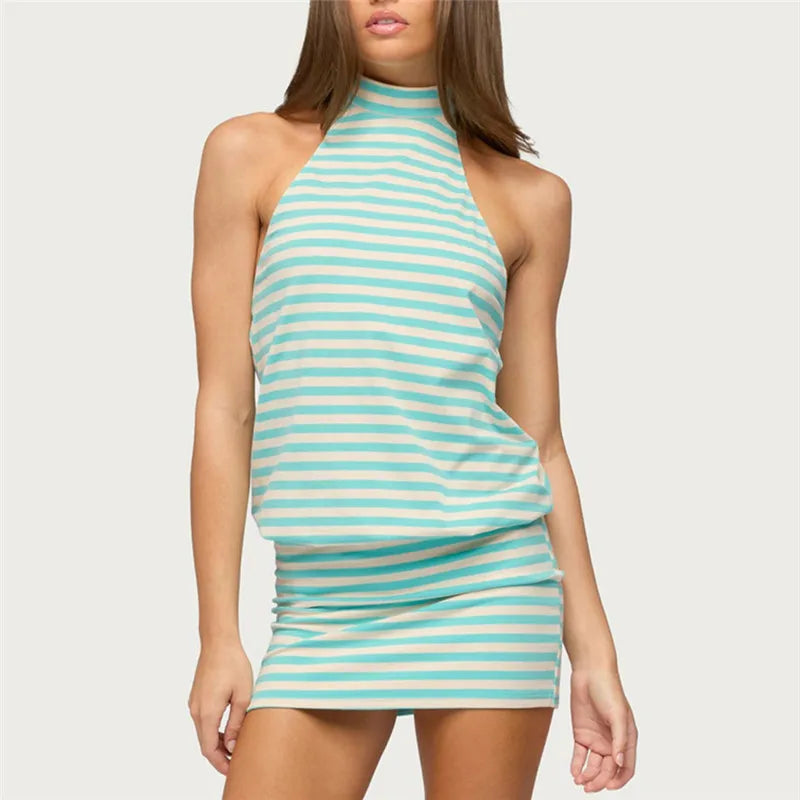 Women Summer Mini Dress Casual Sleeveless Halter Neck Backless Dress Solid Color Loose Fit Beach Party Club Short Dress