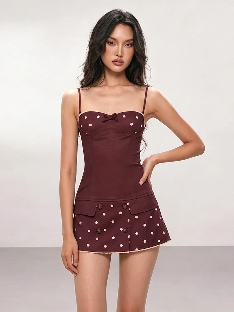 Fashion Party Dress Women Sexy Bow Applique Polka Dot Print Patchwork Button Square Collar Elegant Street Bodycon