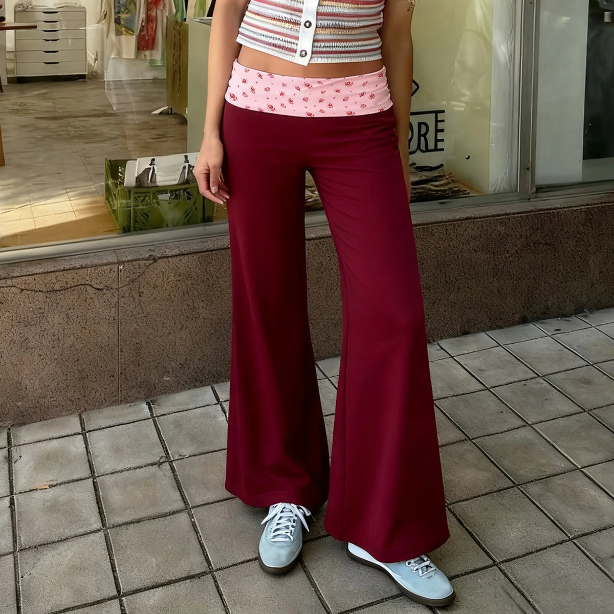 Women Lounge Pants Printed Fold Over Elastic Waist Wide Leg Pants Comfy Casual Loose Fit Trousers Homewear Bottoms