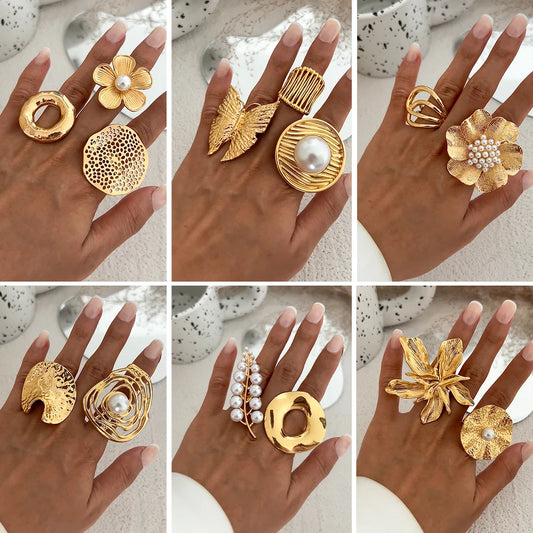 27 Styles Unique Exaggerated Big Flower Starfish Moon Rings Women Punk Geometric Adjustable Finger Ring Grunge Jewelry