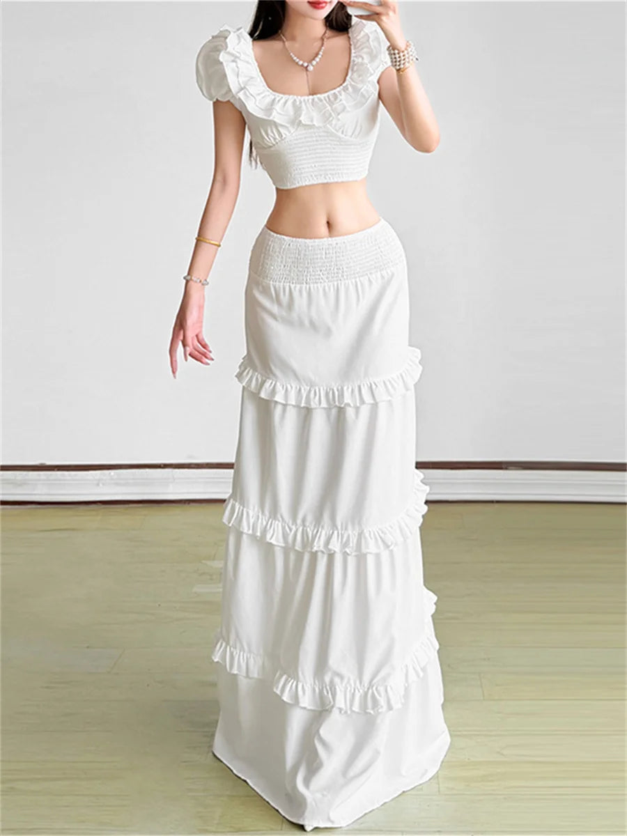 Summer Simple 2 Piece Set Women Simple Ruffled patchwork Mini Sleeve Elastic Hem T-Shirt+Cake Skirt Fashion Party Suits