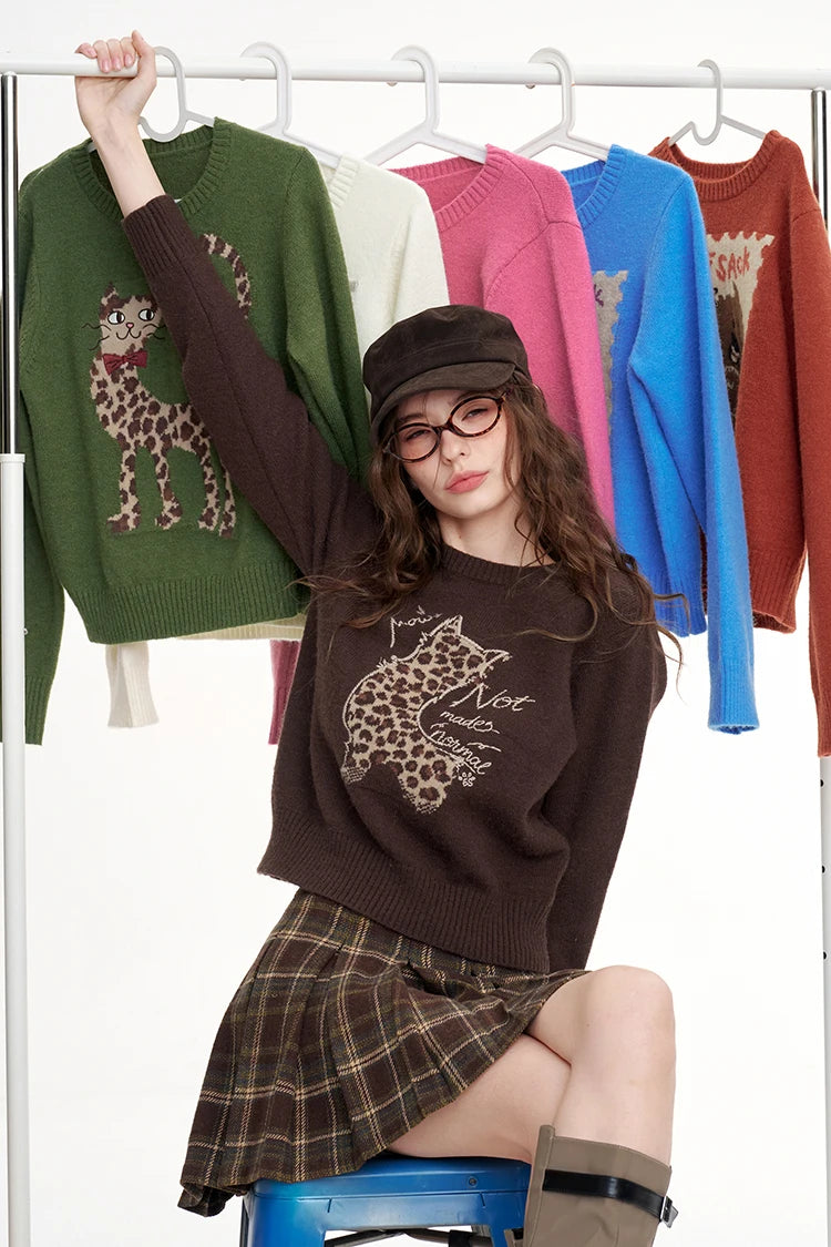 Women's Casual Pullover Sweater with Cartoon Animal Print, Long Sleeve Cozy Top for Everyday Wear