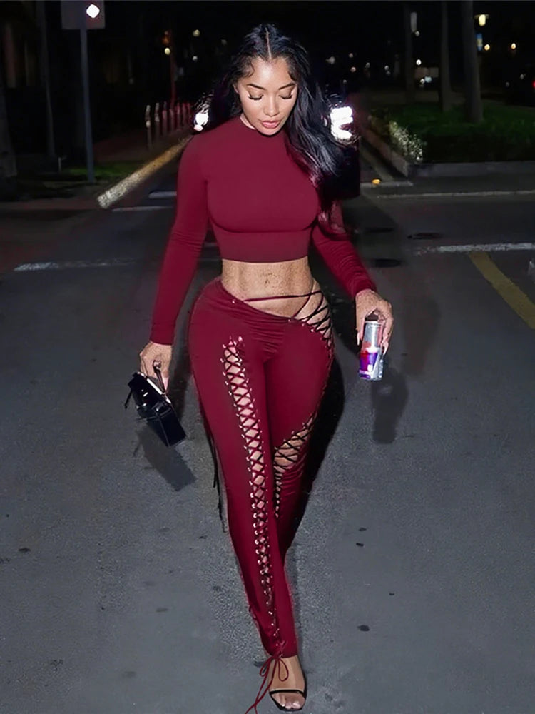 Sexy Women 2 Piece Set Casual Tracksuit Full Fall Crop Tops+Shirring Irregular Pants Stretch Streetwear Skinny Suits